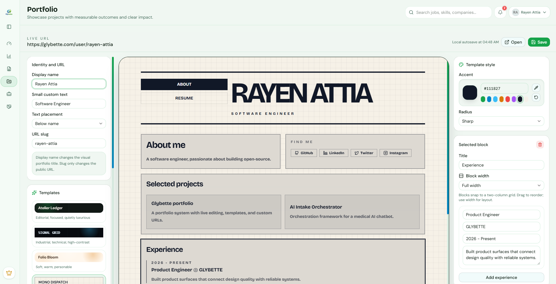 Portfolio builder editor